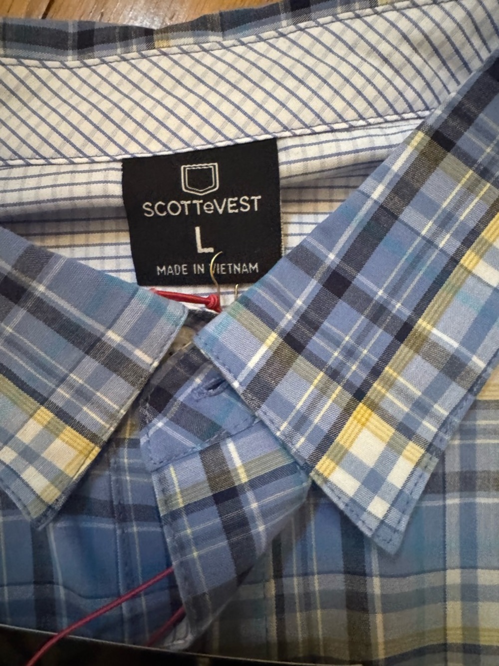 Scottevest Mens Blue Plaid Ozark Button Down Shirt Sz L Casual Office 5 Pocket - Picture 9 of 13